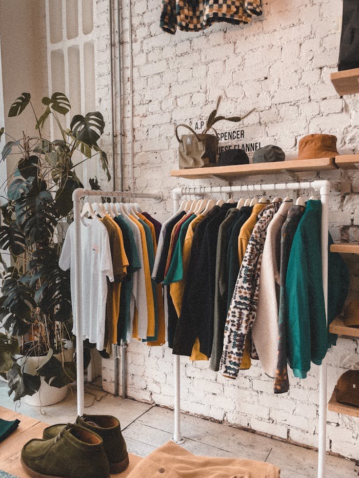 Fashionable interior of a modern boutique in Birmingham, England with vintage clothing and chic decor.